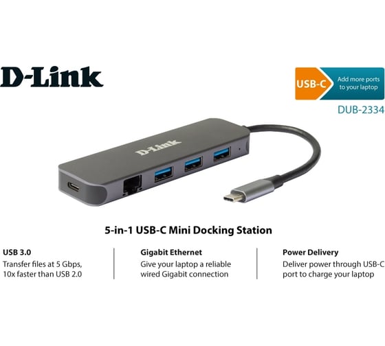 Док-станция d-link с разъемом usb type-c, 3 портами usb 3.0, 1 портом usb type-c/pd 3.0 и 1 портом gigabit ethernet DUB-2334/A1A