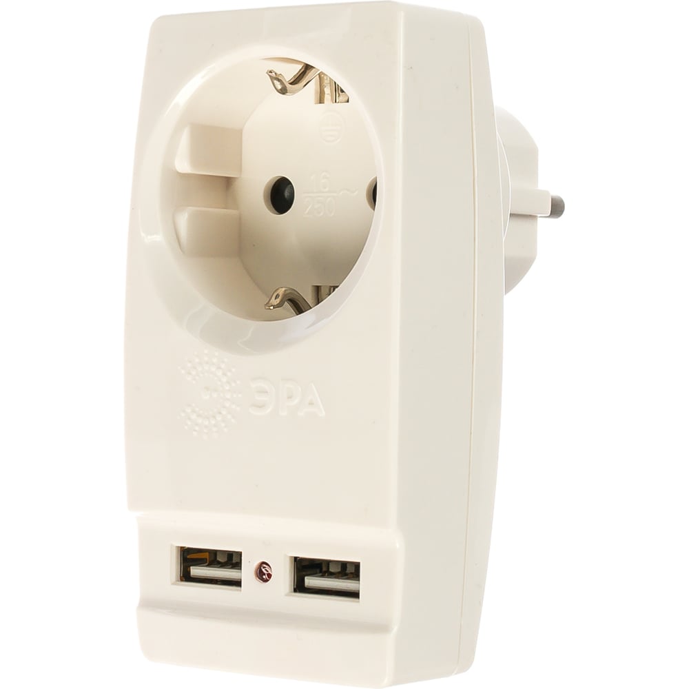 Адаптер ЭРА SP-1e-USB-W Polynom 1гн 220V + 2xUSB 2100mA, c заземлением ...