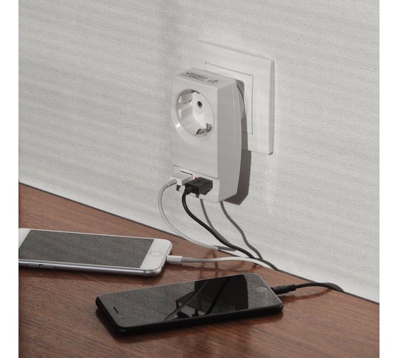 Адаптер ЭРА SP-1e-USB-W Polynom 1гн 220V + 2xUSB 2100mA, c заземлением, белый Б0026332
