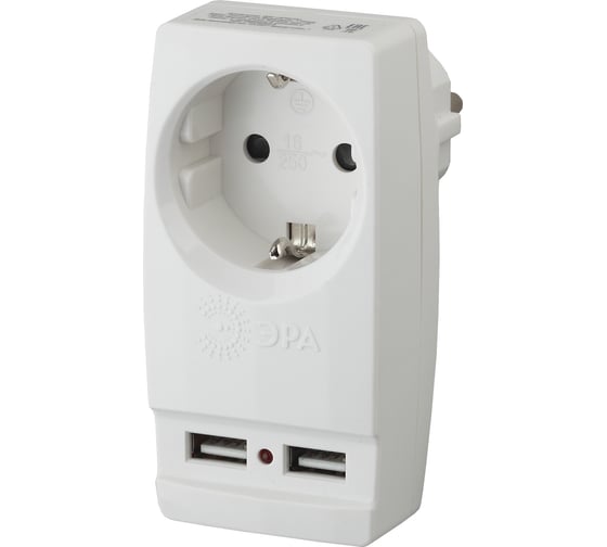 Адаптер ЭРА SP-1e-USB-W Polynom 1гн 220V + 2xUSB 2100mA, c заземлением, белый Б0026332