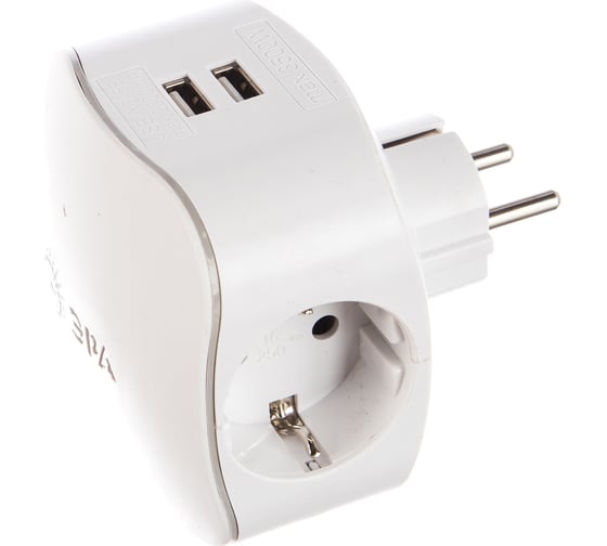 Тройник ЭРА SP-3e-USB-2A 3гн 220V + 2xUSB 2000mA, c заземлением, белый Б0015243