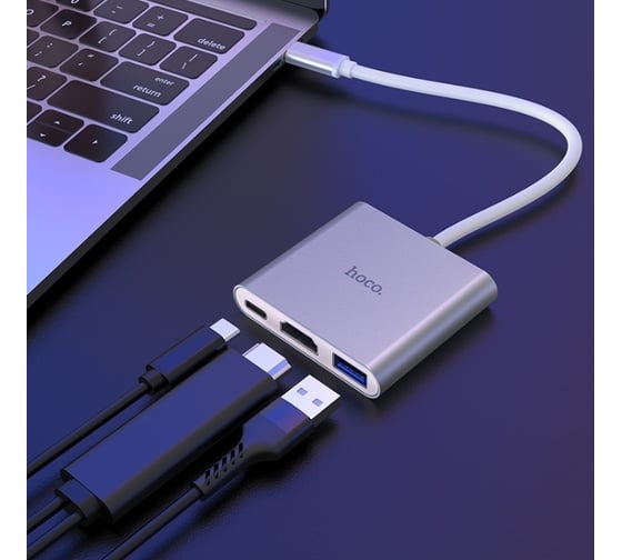 Адаптер Hoco hb14 easy usb-c на usb3.0+hdmi+usb-c, pd 67w (серый) 0L-MG-WF326