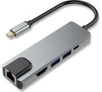 Мульти переходник Bion usb type-c - usb type-c/2usb-a 3.0/hdmi/rj-45 1000мб/с, 60w, алюминиевый корпус, длинна кабеля 10 см BXP-A-USBC-MULTI-03