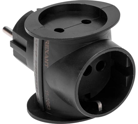 Тройник электрический универсальный 16А одно гнездо с заземлением черный REXANT 11-1083