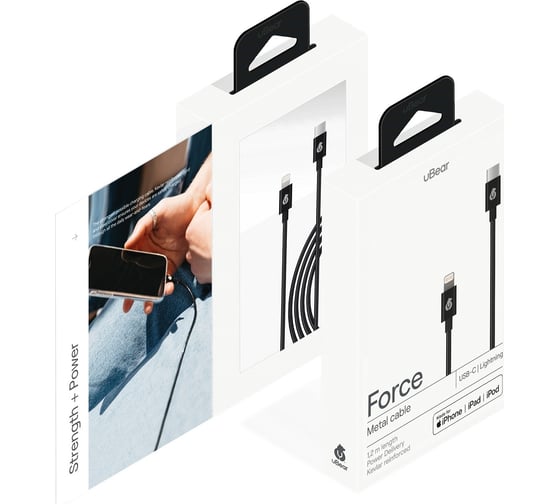 Металлический зарядный кабель uBear Force UCB-C-Lightning, стальная оплётка, длина 12 м, цвет черный DC10BL12FM-CL