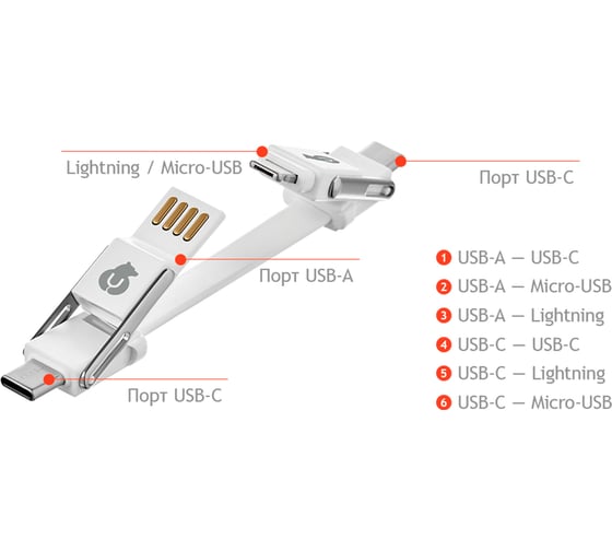 Кабель uBear Life Switch Key Ring Cable 6 in 1, белый DC09WH61-AD