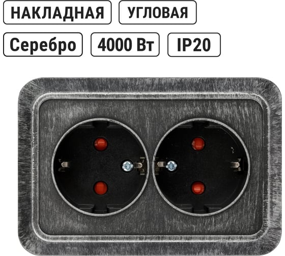 Угловая двойная розетка TDM ELECTRIC 2П+3, открытой установки, с защитными шторками, IP20, 250В, 16А, серебро "Ладога" SQ1801-0390