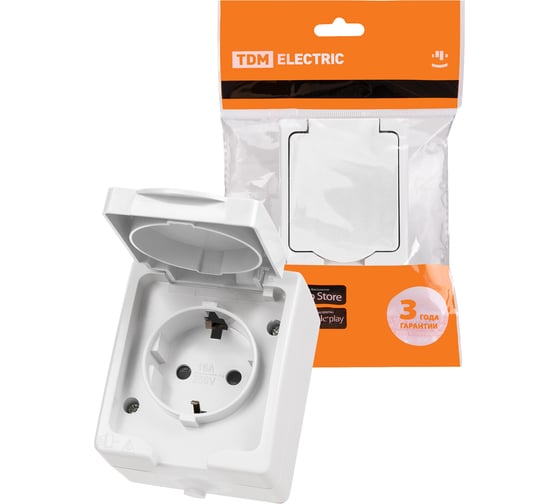 Розетка TDM ELECTRIC 2П+З, открытой установки, IP54, 16А, белая "Вуокса" SQ1803-1007 1