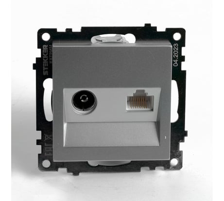 Розетка телевизионная + компьютерная RJ-45 STEKKER (механизм), gls00-7106-03, 75 ом, 5-862мгц, серия катрин, серебро, 49183