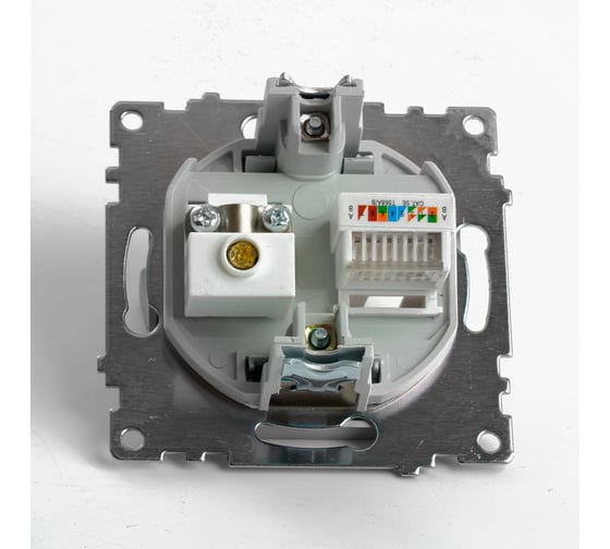 Розетка телевизионная + компьютерная RJ-45 STEKKER (механизм), gls00-7106-03, 75 ом, 5-862мгц, серия катрин, серебро, 49183