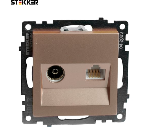 Розетка телевизионная + компьютерная RJ-45 STEKKER (механизм), gls00-7106-02, 75 ом, 5-862мгц, серия катрин, шампань, 49184