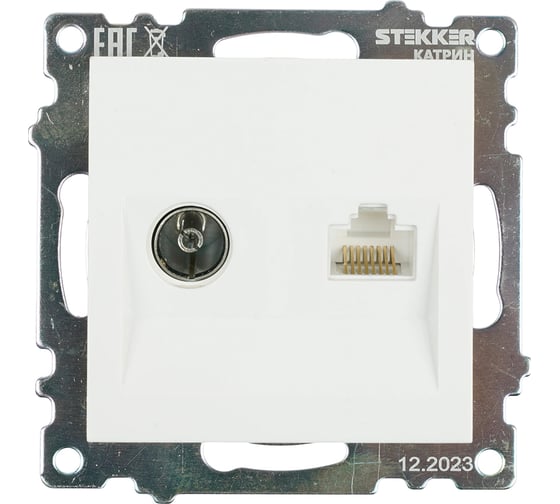 Розетка STEKKER телевизионная + компьютерная RJ-45 (механизм), gls00-7106-01, 75 ом, 5-862мгц, серия катрин, белый, 49181