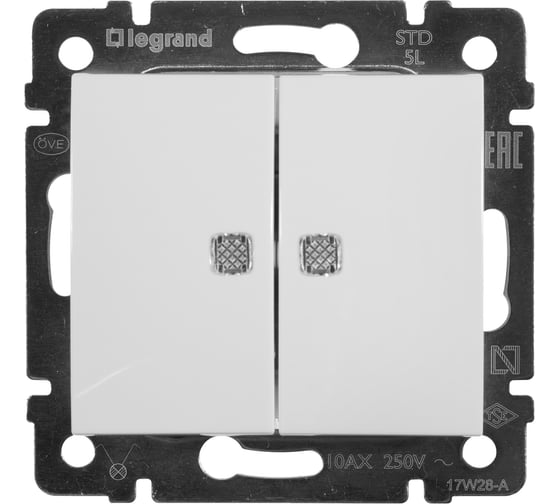 Выключатель Legrand двухклавишный с подсветкой Legrand Valena 10А 250В схема 5L безвинтовые зажимы белый 694290