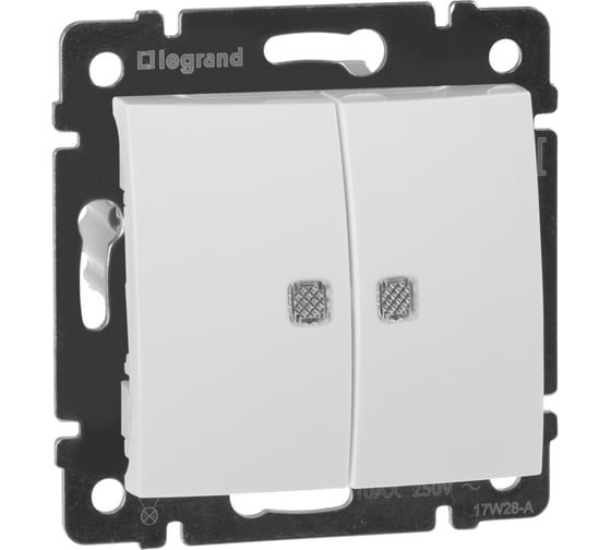 Выключатель Legrand двухклавишный с подсветкой Legrand Valena 10А 250В схема 5L безвинтовые зажимы белый 694290
