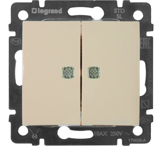 Выключатель Legrand двухклавишный с подсветкой Legrand Valena 10А 250В схема 5L безвинтовые зажимы слоновая кость 695630