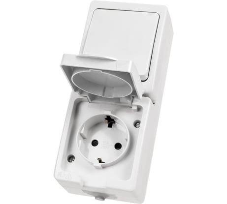Блок вертикальный белый, выключатель 1-клавишный + розетка 2П+З сс защитными шторками TDM ELECTRIC IP54, серия "Вуокса" SQ1803-1011