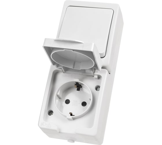 Вертикальный блок TDM ELECTRIC Вуокса 1-но клавишный выключатель + розетка 2П З с защитными шторками, белый SQ1803-1011