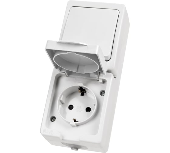 Блок вертикальный белый, выключатель 1-клавишный + розетка 2П+З сс защитными шторками TDM ELECTRIC IP54, серия "Вуокса" SQ1803-1011 1