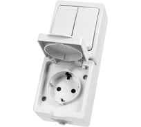 Блок вертикальный белый, выключатель 2-клавишный + розетка 2П+З с с защитными шторками TDM ELECTRIC IP54, серия "Вуокса" SQ1803-1013