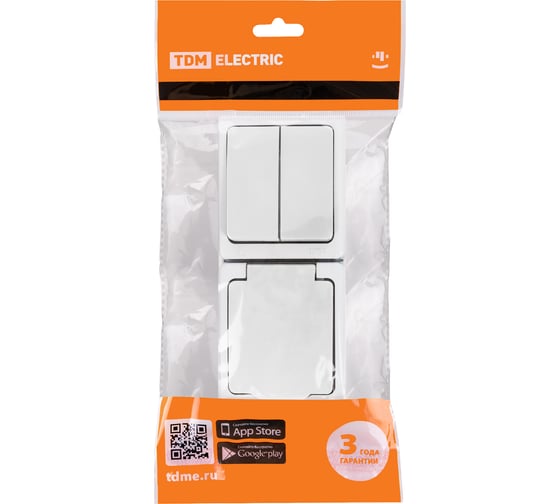 Вертикальный блок TDM ELECTRIC Вуокса 2-х клавишный выключатель + розетка 2П+З с защитными шторками, белый SQ1803-1013