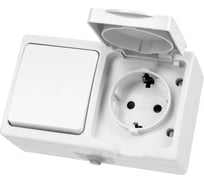 Блок горизонтальный белый, выключатель 1-клавишный + розетка 2П+З с с защитными шторками TDM ELECTRIC IP54, серия "Вуокса" SQ1803-1010