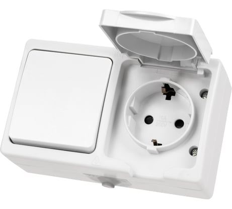 Блок горизонтальный белый, выключатель 1-клавишный + розетка 2П+З с с защитными шторками TDM ELECTRIC IP54, серия "Вуокса" SQ1803-1010