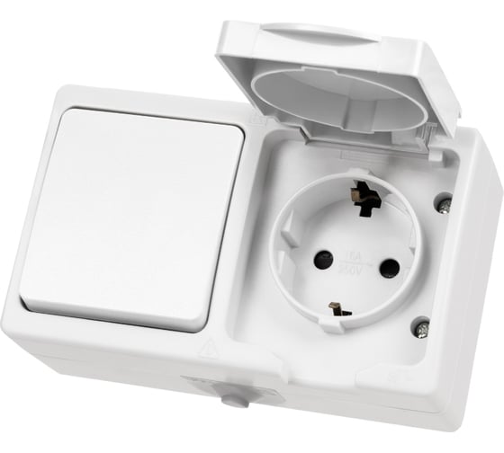 Блок горизонтальный белый, выключатель 1-клавишный + розетка 2П+З с с защитными шторками TDM ELECTRIC IP54, серия "Вуокса" SQ1803-1010 1