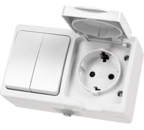 Блок горизонтальный белый, выключатель 2-клавишный + розетка 2П+З с защитными шторками TDM ELECTRIC IP54, серия "Вуокса" SQ1803-1012