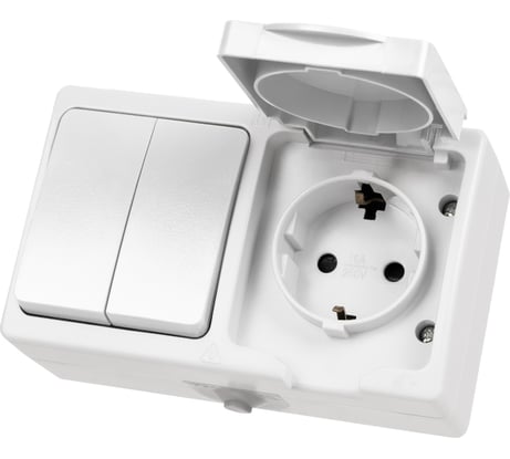 Блок горизонтальный белый, выключатель 2-клавишный + розетка 2П+З с защитными шторками TDM ELECTRIC IP54, серия "Вуокса" SQ1803-1012