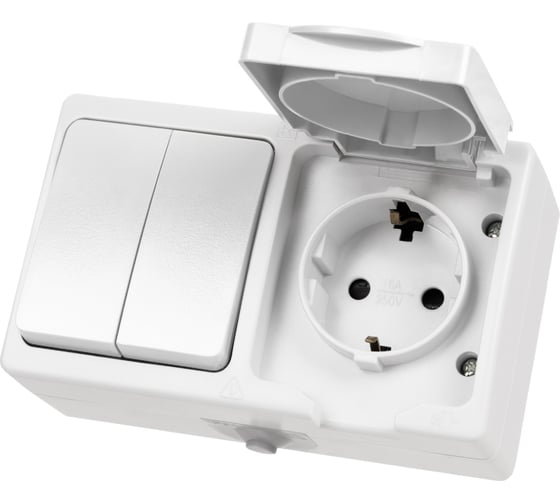 Блок горизонтальный белый, выключатель 2-клавишный + розетка 2П+З с защитными шторками TDM ELECTRIC IP54, серия "Вуокса" SQ1803-1012 1