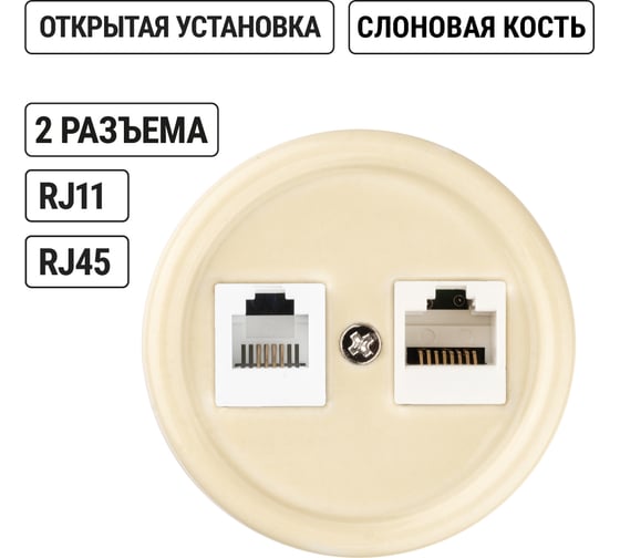 Розетка телефонная RJ11 + компьютерная RJ45 TDM ELECTRIC слоновая кость «Болонь» SQ1820-0352