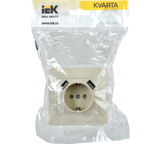 1-ая розетка IEK Kvarta с заземляющим контактом рюш10-1-ккм 16а usbх2 2,1а крем. KV-R14-16-U2-K33