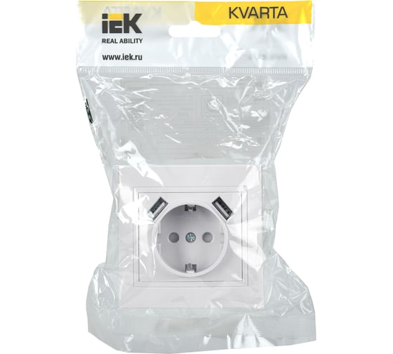 1-ая розетка IEK Kvarta с заземляющим контактом рюш10-1-кб 16а usbх2 2,1а бел. KV-R14-16-U2-K01