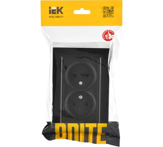 2-я розетка IEK Brite без заземляющего контакта, с защитными шторками 10а в сборе рсш12-2-брч черн. BR-R23-10-K02-F