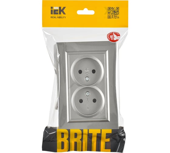 2-я розетка IEK Brite без заземляющего контакта и шторок 10а в сборе рс12-2-брс сталь BR-R20-10-K46-F