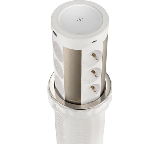 Выдвижная встраиваемая розетка Mebax 17 12 секции Серебро+Белый d=100мм USB type A+C беспроводная зарядка 00-00002600