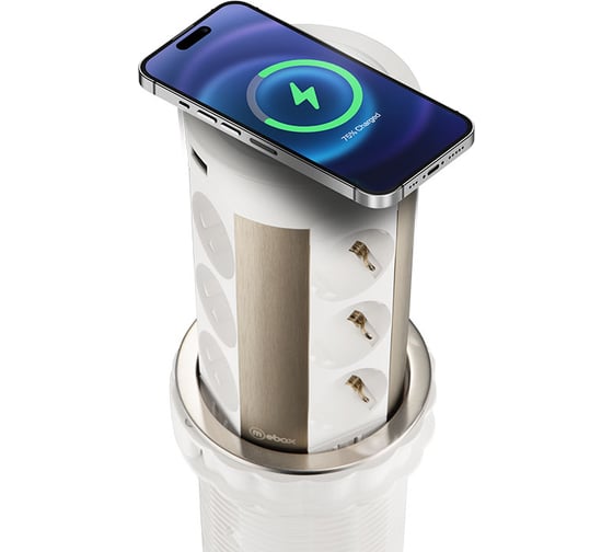Выдвижная встраиваемая розетка Mebax 17 12 секции Серебро+Белый d=100мм USB type A+C беспроводная зарядка 00-00002600