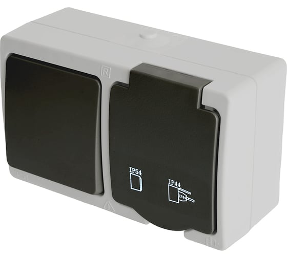 Блок STEKKER: розетка одноместная с заземляющим контактом открытой установки, одноклавишный выключатель 250В, 16А 32759 1