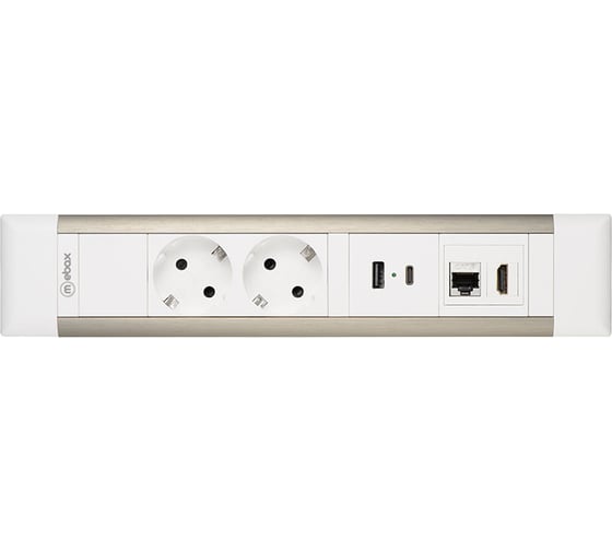 Встраиваемая врезная розетка Mebax 41T 2 секции Серебро+Белый USB + type C + RJ45 + HDMI 00-00002594