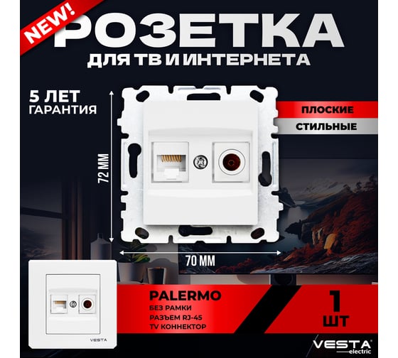 Двойная розетка Vesta Electric palermo для сетевого кабеля, lan + tv, без рамки FRZTV030104BEL