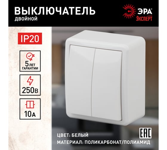 Двойной выключатель ЭРА 11-1204-01 10АХ-250В, IP20, ОУ, Эксперт, белый Б0020663