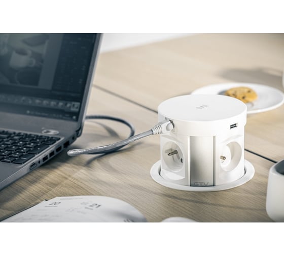 Врезной удлинитель GTV круглый, comfort plus, d-120 мм, 4xschuko, 2xusb, 2xlan, беспроводная зарядка, провода, белый AE-BPW4S120P-10