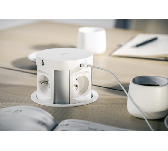 Врезной удлинитель GTV круглый, comfort plus, d-120 мм, 4xschuko, 2xusb, 2xlan, беспроводная зарядка, провода, белый AE-BPW4S120P-10