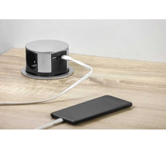 Врезной круглый удлинитель GTV COMFORT D-100 мм, 3xSCHUKO, 2xUSB/5V, вилка провод 1,5 м, серебро AE-BPW3S100U-53