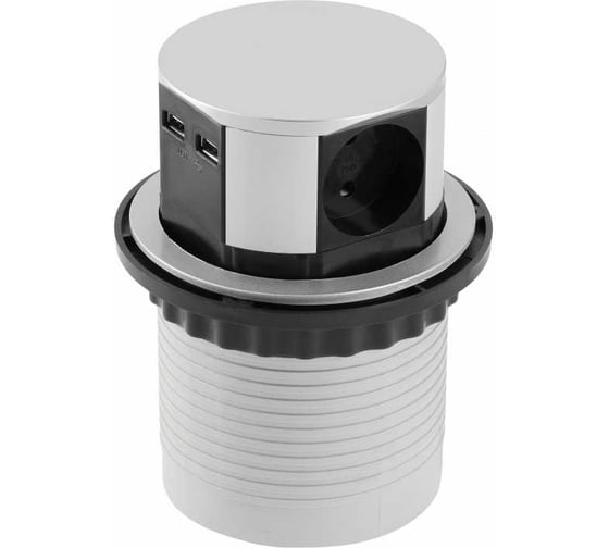 Врезной круглый удлинитель GTV COMFORT D-100 мм, 3xSCHUKO, 2xUSB/5V, вилка провод 1,5 м, серебро AE-BPW3S100U-53