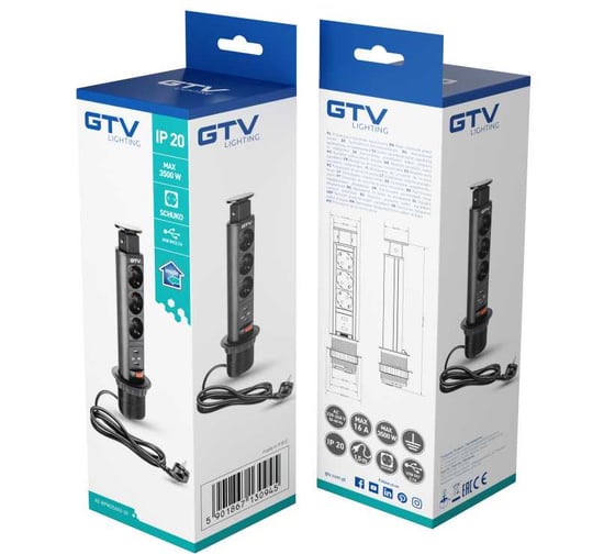 Выдвижной блок розеток GTV 3 розетки Schuko, 2xUSB, черный, с проводом 1,5 метра AE-BPW3S60U-20