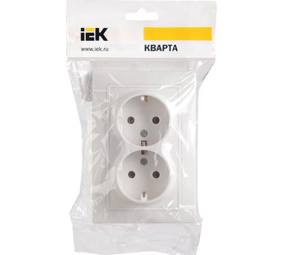 Розетка х2 IEK КВАРТА с заземлением, в сборе, без защитной шторки, белый ERK24-K01-16-DM