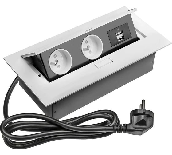 Прямоугольный блок розеток GTV врезной, 2 розетки, French, 2xUSB, белый, с проводом 1,5 метра AE-PBU2GU-10