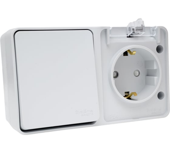 Блок Systeme Electric Atlasdesign profi ip54 о/у роз. з/к со шт. 16а, выкл.1-клав.10а, серый ATN543070