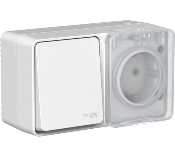 Блок Systeme Electric: Розетка с заземлением со шторками, 16 АХ, 250 В, Выключатель 1-клавишный, 10 АХ, AtlasDesign Profi IP54, открытой установки, Серый ATN543070